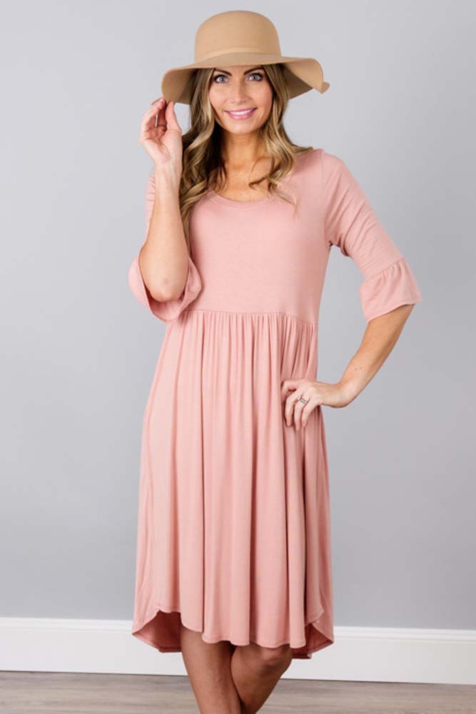 BY61652-10 Pink Ruffle Sleeve Midi Jersey Dress